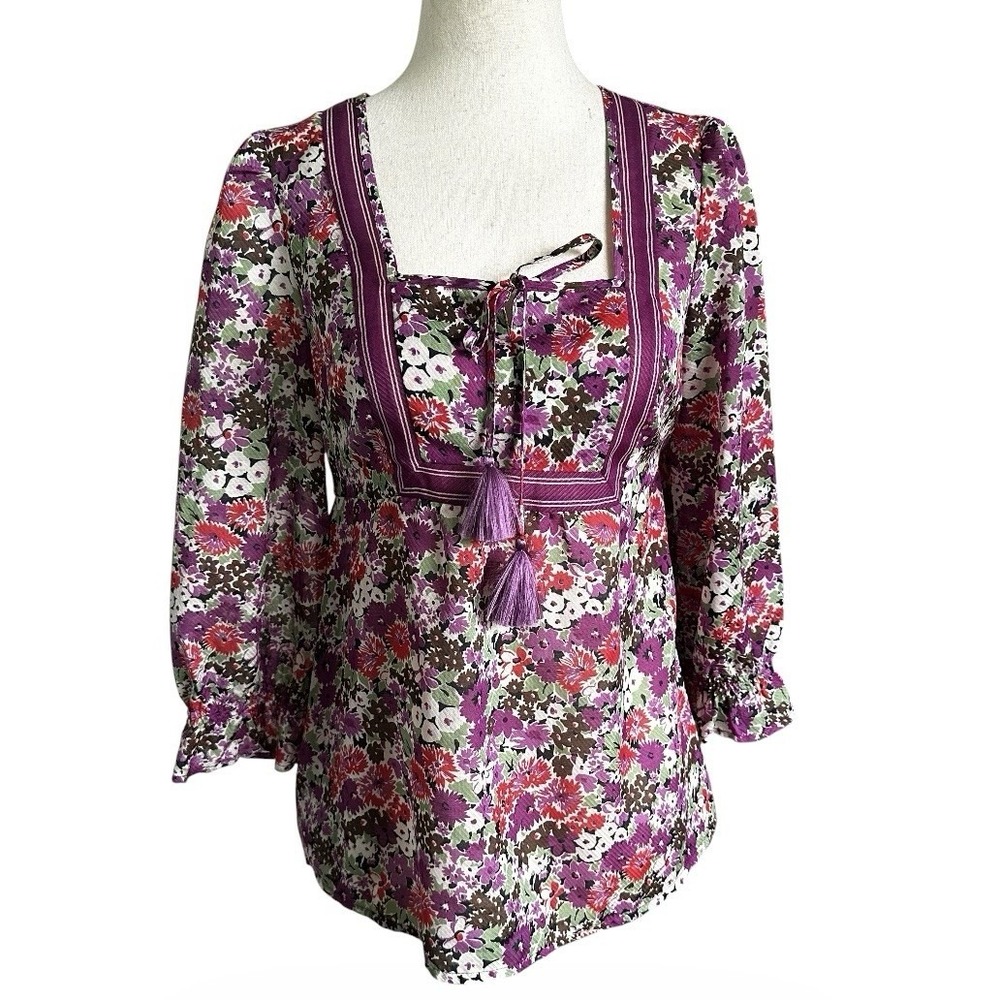 Loft Women Sz Petite XS Purple Sheer Top Blouse Shirt Floral Square Neck | 46-46